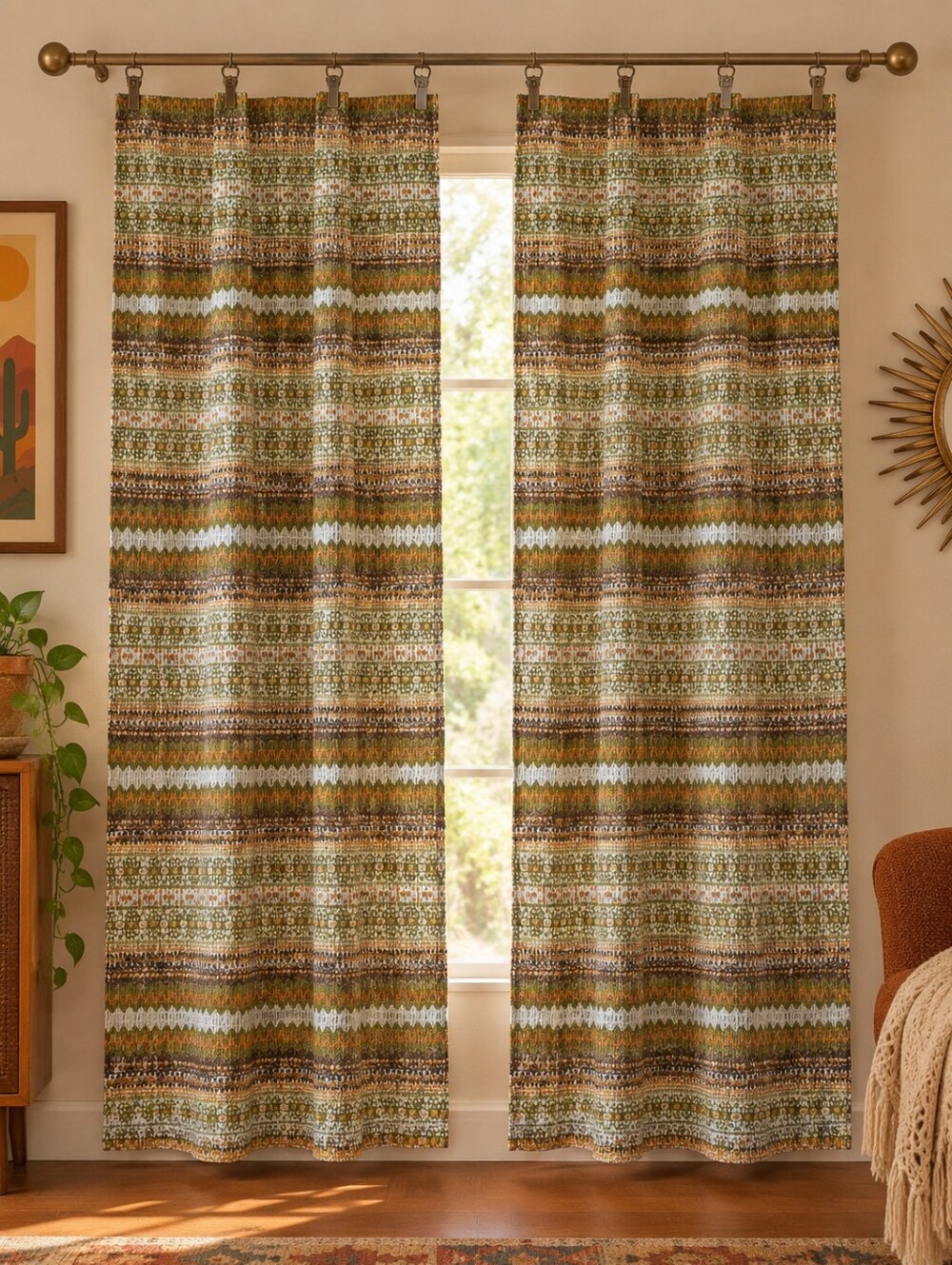 Vintage Patterned Window Curtain Panel - Green/Orange/Brown